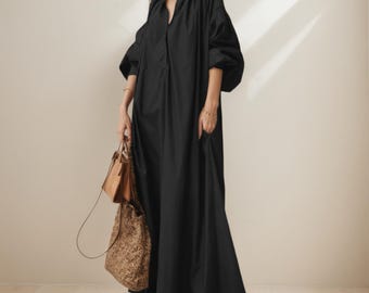 Cotton Linen Kaftan Dress Women – Loose Fit V-Neck Summer Maxi Dress with Pockets,Minimalist Boho Cotton Robe,Natural Short Sleeve Tunic