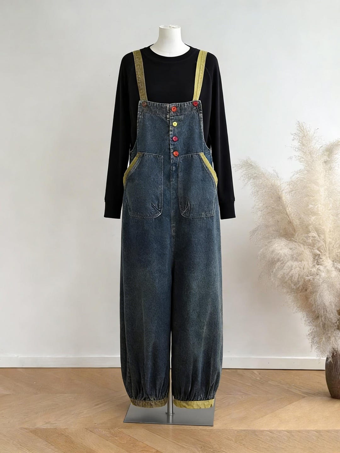 Overall Colorfull Women's Petite Denim Overalls, Retro-washed Youthful Wide-leg Pants ...
