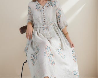 Bohemian Cottage Core Button Down Dress Duster, Embroidered Hippie Style Linen Dress, Summer/ Fall Outfit, Thanksgiving, Short-sleeved Dress