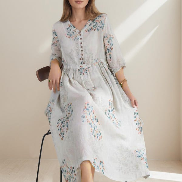 Bohemian Cottage Core Button Down Dress Duster, Embroidered Hippie Style Linen Dress, Summer/ Fall Outfit, Thanksgiving, Short-sleeved Dress