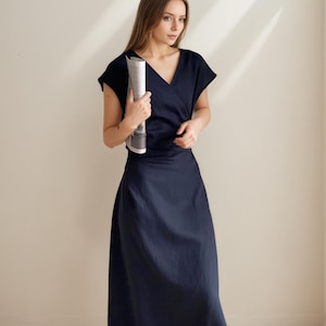 Navy Blue Linen Dress with Belt, Classic Linen Dress Women, Summer Midi Dress, Simple Wrap Linen Dress, Elegant Linen Dress/Pink Linen Dress