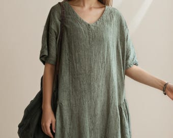 Hand Dyed Cotton Linen Midi Dress - Boho Vintage Summer Dress for Women, Loose Fit Casual Long Dress, Natural Breathable Fabric Dress,