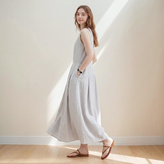 Loose Sleeveless Midi Dress, Breezy Flowy Summer Dress for Women, Minimal Smock Dress, Casual Crew Neck Sundress, Vacation Outfit