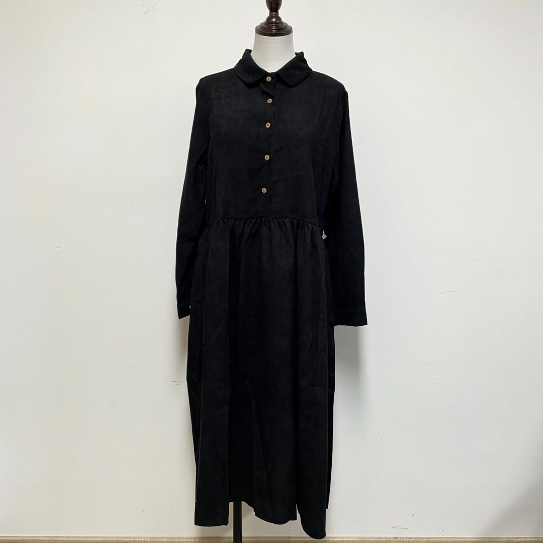 Button Front Belt Long Sleeve Corduroy Dress main image 0