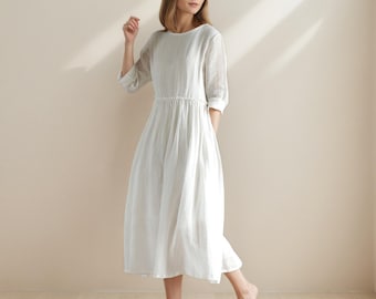 Bohemian Maxi Dress, Boho Linen Cotton Dress, Dresses for Women Gift For Your Loved,Linen Dress,Linen loose fit dress,Round Neck Linen Dress