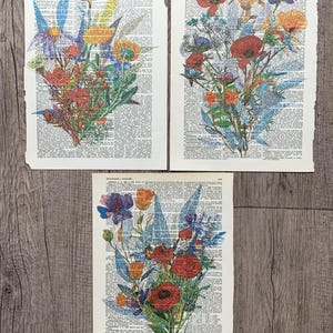 Floral Themed dictionary prints, 3 illustrations flower theme pages from old printed dictionary /66