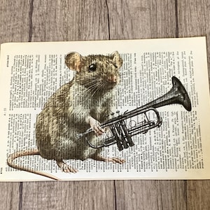 Peut inclure: Une impression fantaisiste représentant une souris jouant de la trompette. La souris, dans des tons bruns et gris, est placée sur un fond de pages de dictionnaire vintage. La trompette est noire et argentée.