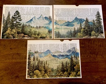 Set di 3 stampe artistiche da parete con paesaggi montani, perfette per gli escursionisti, opere d'arte su pagine di dizionario /R202