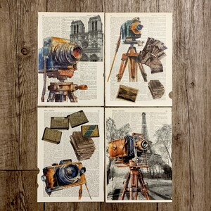 La photographie imprimée ensemble de 4 affiches sur pages authentiques de dictionnaire ancien, cadeau caméra photo carte vintage /R44