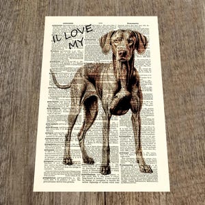 Puede incluir: Impresión de un perro marrón sobre una página de diccionario antiguo. El texto manuscrito "I LOVE MY" está encima del perro. El perro está representado de pie, mirando al espectador, con una expresión concentrada.