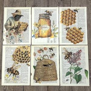 May include: Six vintage book pages with bee-themed illustrations. The images include a beekeeper, a jar of honey with the word "miet", honeycomb, a beehive, and bees on flowers. The illustrations are in color and set against a backdrop of dictionary pages.
