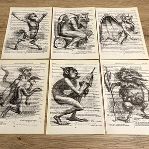 May include: Six vintage prints with detailed black and white illustrations of mythical creatures. Each print is on a page with French text, giving an antique aesthetic. The creatures vary in form and pose, offering a unique collection.