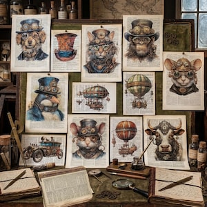 Pode incluir: Uma coleção de gravuras artísticas com tema steampunk, apresentando vários animais e dirigíveis. As gravuras são exibidas em uma mesa de madeira com livros antigos, lupas e tinteiros. A obra de arte inclui um cão, um gato, um macaco, um rato, um pinguim e uma vaca.
