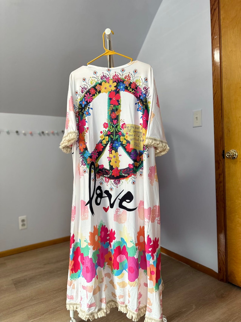 Peace Hope Robe Peace Sign Floral Tassel Kimono /robe- Summer Women's Bohemian Tropical ...