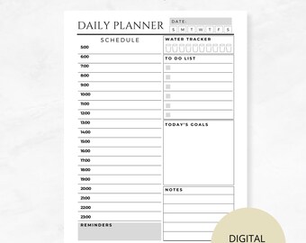 May include: A black and white daily planner printable with the text "DAILY PLANNER" at the top. The planner includes sections for a schedule, water tracker, to do list, today's goals, notes, and reminders. The text "TRACK YOUR DAILY PROGRESS" is at the bottom of the planner.