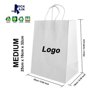 May include: White paper shopping bag with handles, measuring 12.60 inches tall, 9.84 inches wide, and 6.30 inches deep. The bag has the word "Logo" printed on the front.