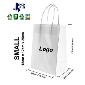 May include: White paper shopping bag with handles, measuring 7.10 inches wide, 4.72 inches deep, and 9.85 inches tall. The bag has a logo that says "Logo" printed on the front. The bag is labeled "Small" and has the text "DE ROCK RAIN" printed on the top.