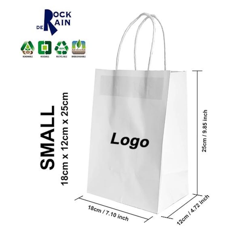 May include: White paper shopping bag with handles, measuring 7.10 inches wide, 4.72 inches deep, and 9.85 inches tall. The bag has a logo that says "Logo" printed on the front. The bag is labeled "Small" and has the text "DE ROCK RAIN" printed on the top.