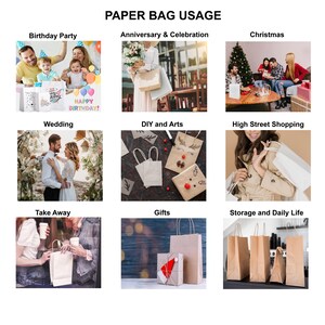 May include: A collage of images showing different ways to use paper bags. The images show people using paper bags for birthday parties, anniversaries, celebrations, Christmas, weddings, DIY and arts, high street shopping, take away, gifts, and storage and daily life.