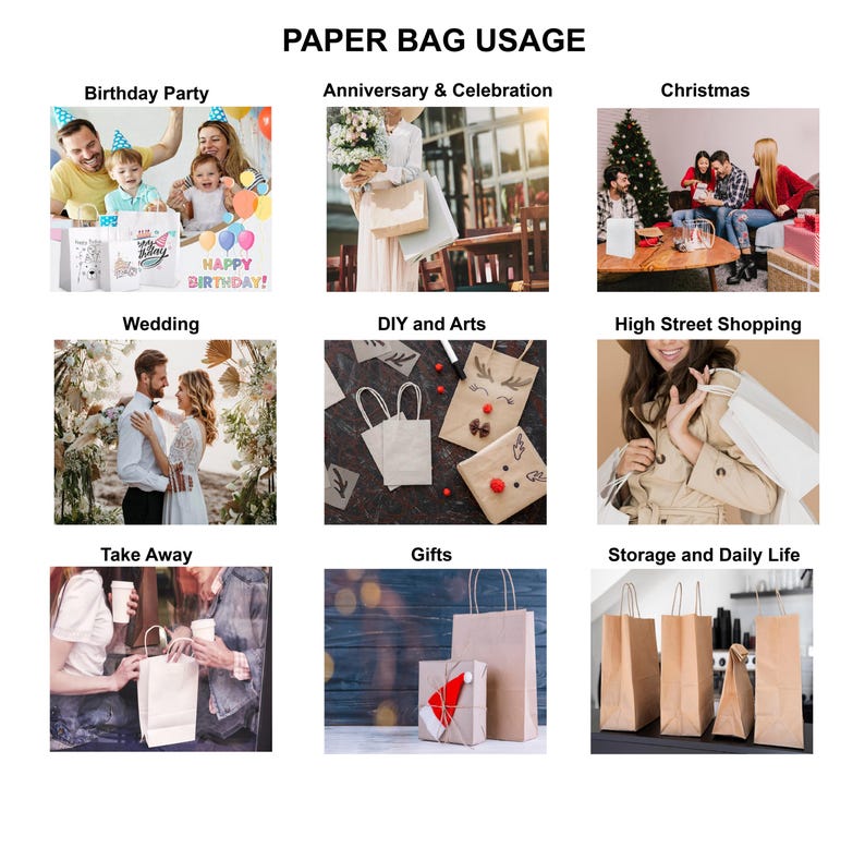 May include: A collage of images showing different ways to use paper bags. The images show people using paper bags for birthday parties, anniversaries, celebrations, Christmas, weddings, DIY and arts, high street shopping, take away, gifts, and storage and daily life.