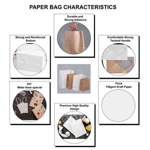 May include: Paper bags with different features, including a strong bottom, a twisted handle, and a thick 130gsm kraft paper. The bags are white and brown and have a DIY design.