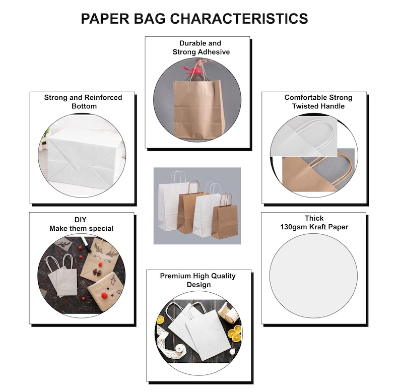 May include: Paper bags with different features, including a strong bottom, a twisted handle, and a thick 130gsm kraft paper. The bags are white and brown and have a DIY design.