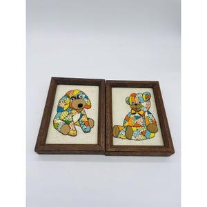 Vintage Set 2 Hand Stitched Crewel Framed Pictures Dog Bear 5 X 7