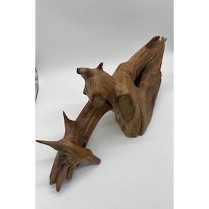 May include: A wooden sculpture of a tree branch with a unique, abstract shape. The branch is carved with intricate details and has a natural, rustic finish.