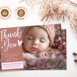 Birth announcement template, Thank You Card, Editable Birth Announcement, Newborn photo card, newborn thank you. Instant Download. Printable