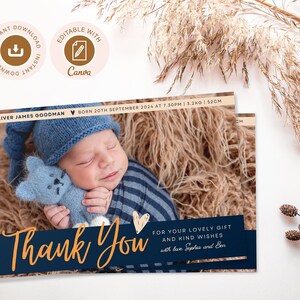 Plantilla de anuncio de nacimiento, tarjeta de agradecimiento, anuncio de nacimiento editable, tarjeta fotográfica de recién nacido, agradecimiento de recién nacido. Descarga instantánea. Imprimible