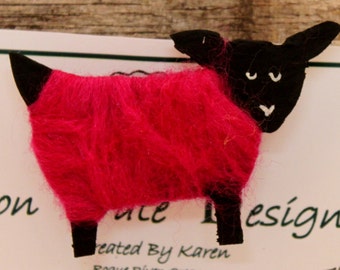 Sheep, Needle Felted Bright Pink Sheep Pin, Wearable Lammies in Jammies, Felted Sheep Brooch, # 1795