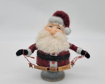 Needle Felted Santa Claus, Burgundy Sparkle Jacket, Curly Sheep Beard