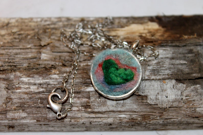 Needle Felted Heart Necklace Silver Heart Necklace #1685 Felted Heart Necklace,Heartscapes Pendant Necklace