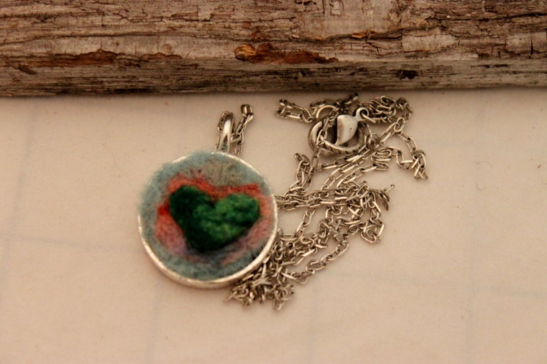 Needle Felted Heart Necklace Silver Heart Necklace #1685 Felted Heart Necklace,Heartscapes Pendant Necklace