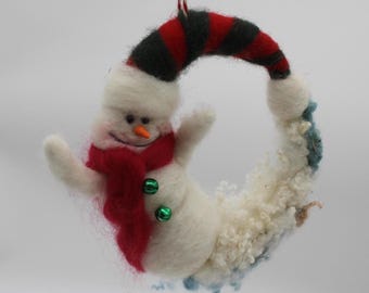 Needle Felted Snowman Wreath Ornament, Bluefaced Leicester Wool