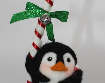Needle Felted Penguin Ornament, Candy Cane and Bell