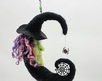 Witch Moon/Needle Felted Witch/Witch Ornament/Halloween Ornament