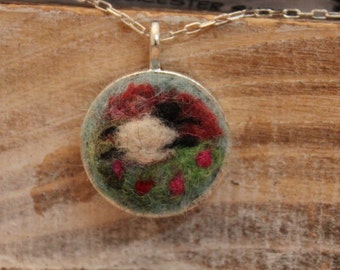 Felted Sheep Necklace, Sheepscapes Pendant Necklace, Needle Felted Sheep Necklace, Silver Sheep Necklace #850