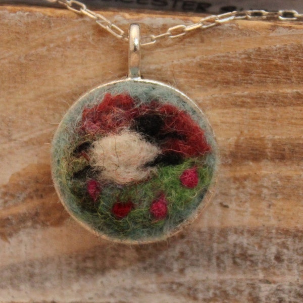 Felted Sheep Necklace, Sheepscapes Pendant Necklace, Needle Felted Sheep Necklace, Silver Sheep Necklace #850