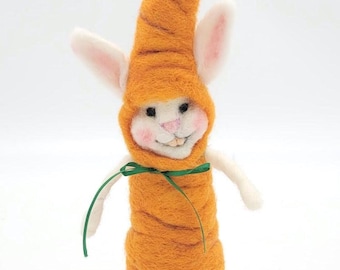 Needle Felted Wool Bunny in Carrot Costume, Spring Decor