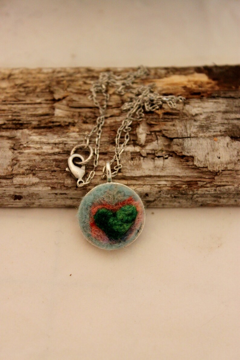 Needle Felted Heart Necklace Silver Heart Necklace #1685 Felted Heart Necklace,Heartscapes Pendant Necklace