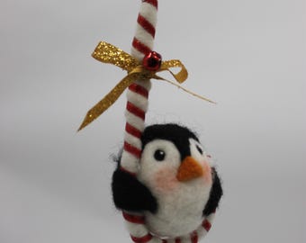Needle Felted Penguin Christmas Ornament, Wool Candy Cane