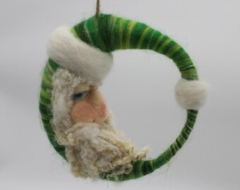 Needle Felted Santa Moon Ornament, Wool Father Christmas