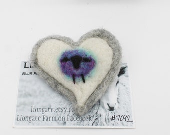 Needle Felted Sheep Heart Brooch, Wool Pin