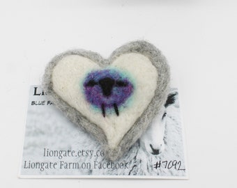 Sheep Heart  Pin, Sheep Brooch, Heart Brooch ,Needle felted Jewelry, Felted Pin, #7092