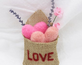 Needle Felted Hearts Burlap Envelope, Valentine Tiered Tray Decor