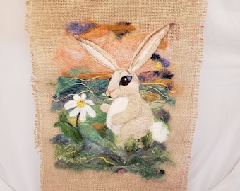 Bunny, Rabbit, Needle Felted Wall hanging, Textile Art, Wool Painting Spring Easter Bunny # 4207