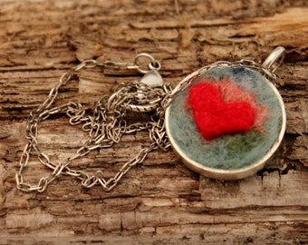 Felted Heart Necklace,Heartscapes Pendant Necklace, Needle Felted Heart  Necklace, Silver Heart Necklace #1677
