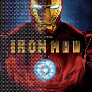 May include: Poster featuring Iron Man. The image is split, with the left side pixelated and the right side showing a detailed image of Iron Man's armour. The text "IRON MAN" is displayed in gold letters, with the Marvel Studios logo.