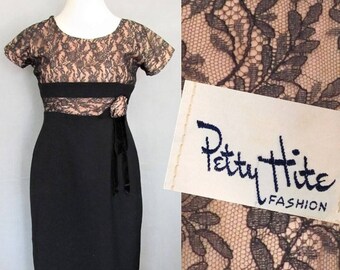 45 Bust Vintage 1950s Sheath Dress / Black Lace and Crepe / Little Black Dress Hourglass Silhouette, Wiggle Dress, Bombshell Pinup / VOLUP